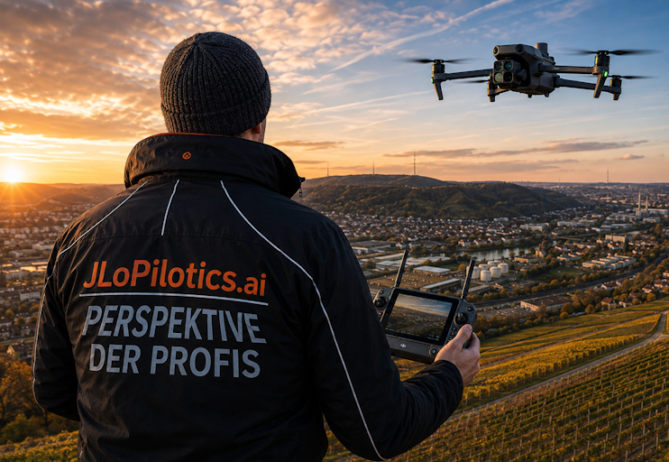 Drohnenpilot JLoPilotics im Einsatz Drohnenpilot von JLoPilotics steuert eine Drohne über einer urbanen Landschaft zur Dokumentation von Gebäuden, Dächern und schwer zugänglich