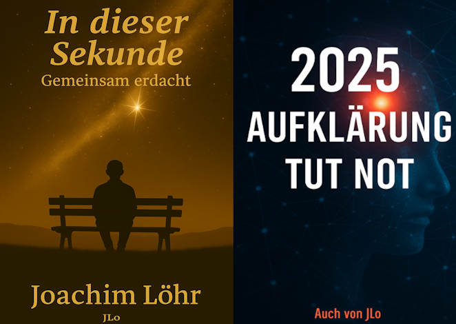 In dieser Sekunde & 2025 Aufklärung tut Not Coveransicht der Buchprojekte „In dieser Sekunde – Gemeinsam erdacht“ und „2025 – Aufklärung tut Not“ von Joachim Löhr (JLo).