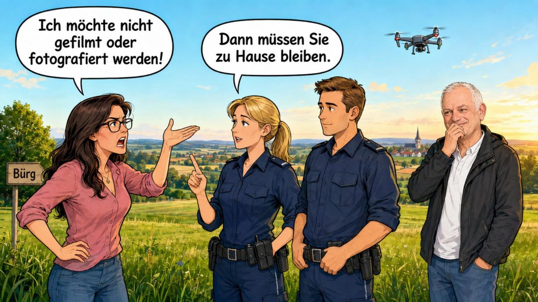 Kuriose Begegnung bei einem Drohneneinsatz Comic zu einem echten Drohneneinsatz in Bürg mit einer Diskussion über Foto- und Filmaufnahmen