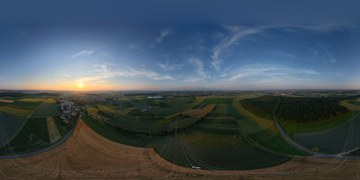 360°-Aufnahme bei Leonberg – Landschaft, Dörfer und Wälder im letzten Licht des Tages.